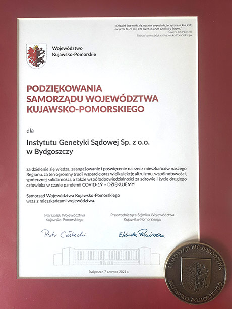 Podziękowania Samorządu Województwa Kujawsko-Pomorskiego dla Instytutu Genetyki Sądowej w Bydgoszczy
